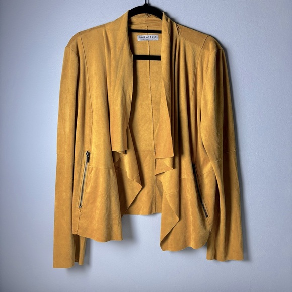 Bagatelle Faux-Suede Gold Yellow Drape-Front Jacket, Size L - Picture 2 of 6